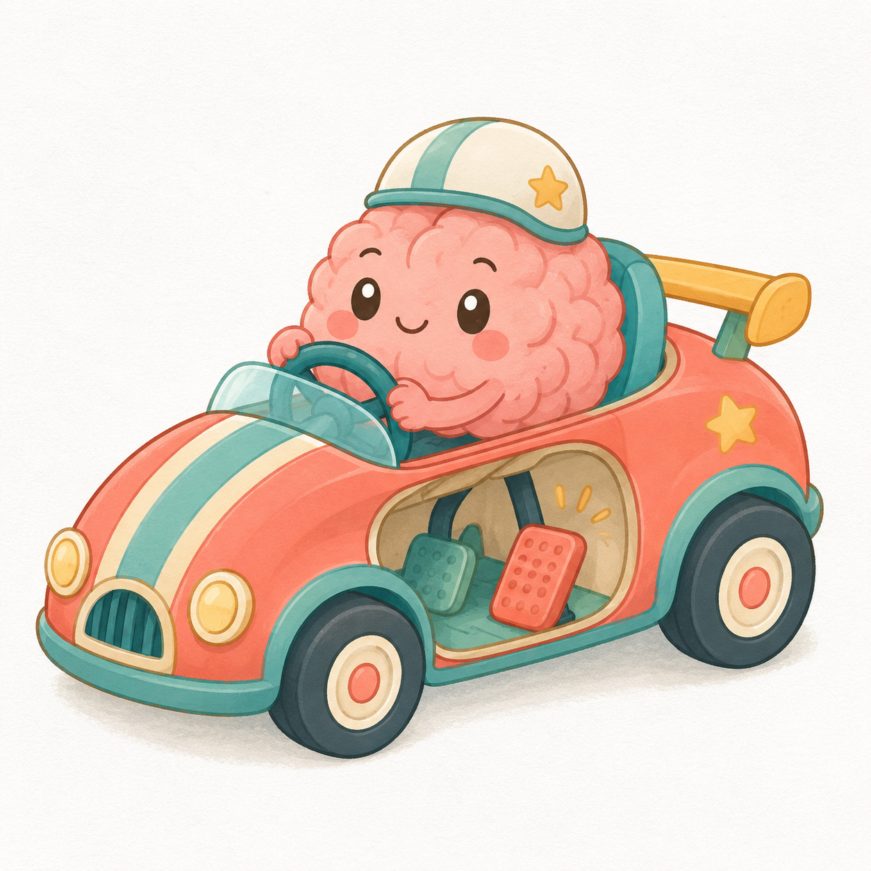 Ilustración infantil de un cerebro con frenos representando el GABA