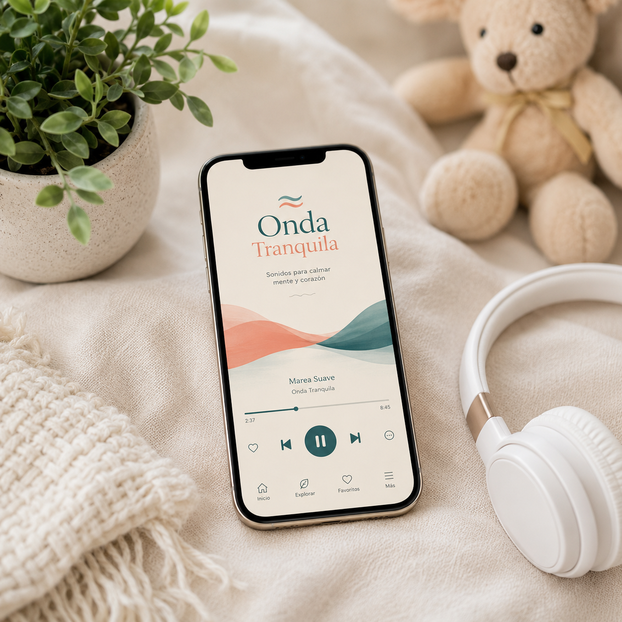 Mockup del audio Onda Tranquila en un móvil con auriculares